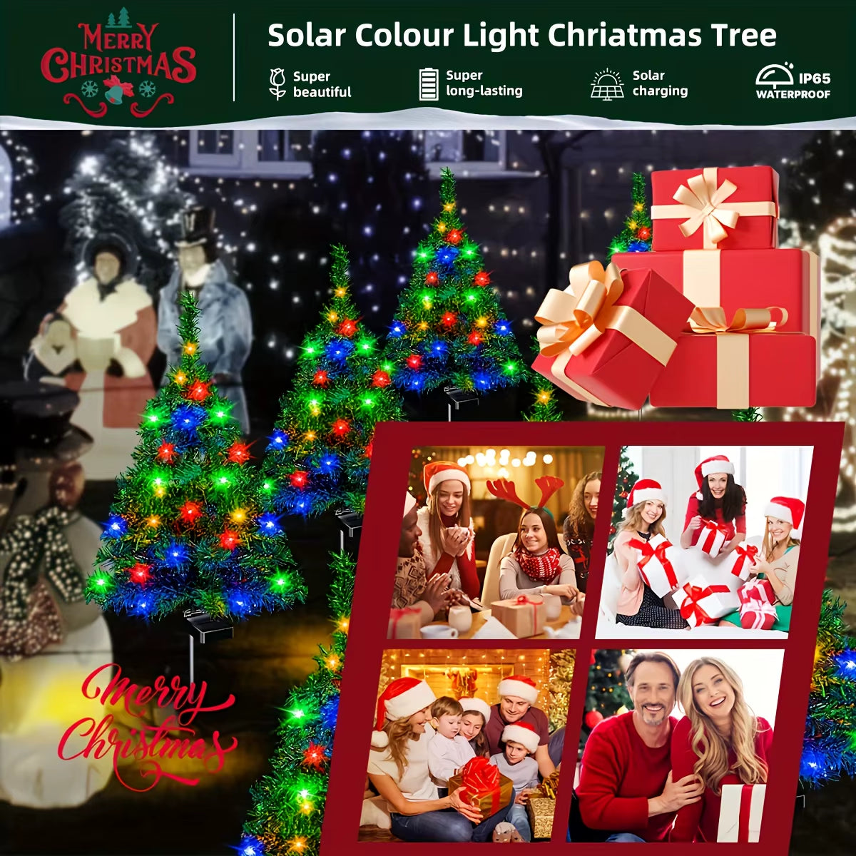 Solar Christmas Tree Lights Waterproof IP65 Durable Outdoor Decoration for Lawn Patio and Balcony Easy Installation No Wiring